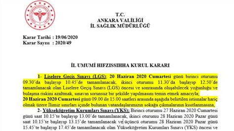 19/06/2020 Ankara İl Sağlık Müdürlüğü İl Umumi Hıfzısıhha Kurul Kararı