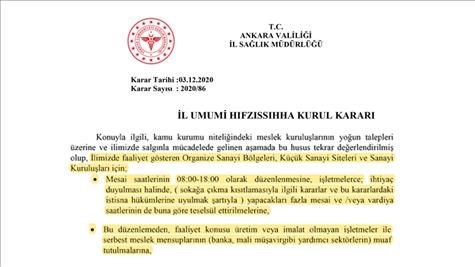 Ankara İl Umumi Hıfzısıhha Kurulunun 03.12.2020 Tarihli 2020/86 Sayılı Kararı