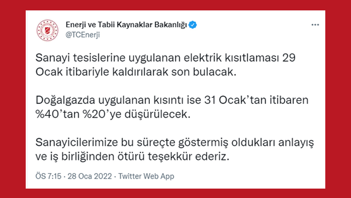 Elektrik Kısıtlaması Kaldırıldı