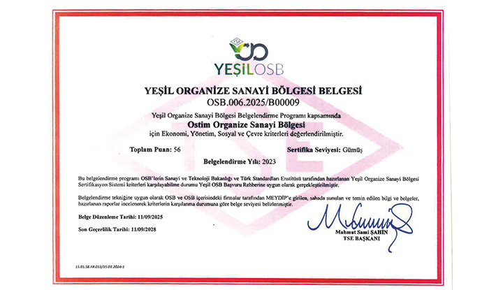 OSTİM OSB, Gümüş Seviye’de “Yeşil OSB” oldu