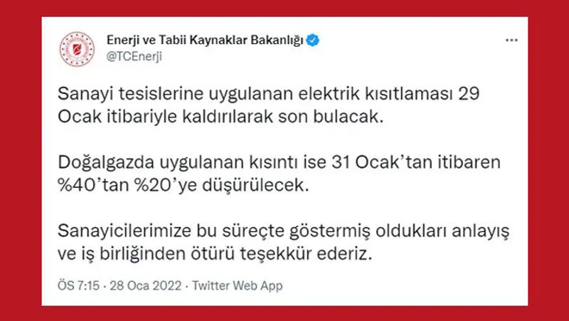 Elektrik Kısıtlaması Kaldırıldı