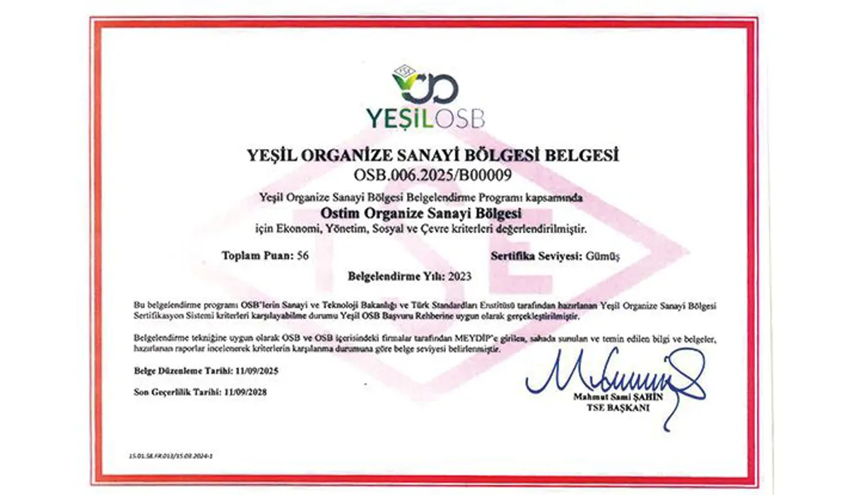 OSTİM OSB, Gümüş Seviye’de “Yeşil OSB” oldu