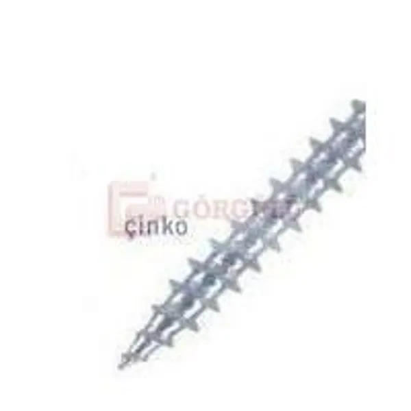 Zinc-plated chipboard screw.