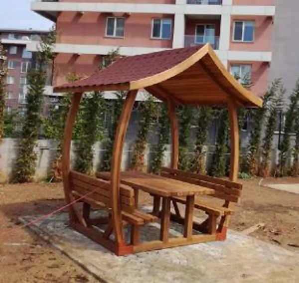 wooden Japanese-style picnic table with canopy