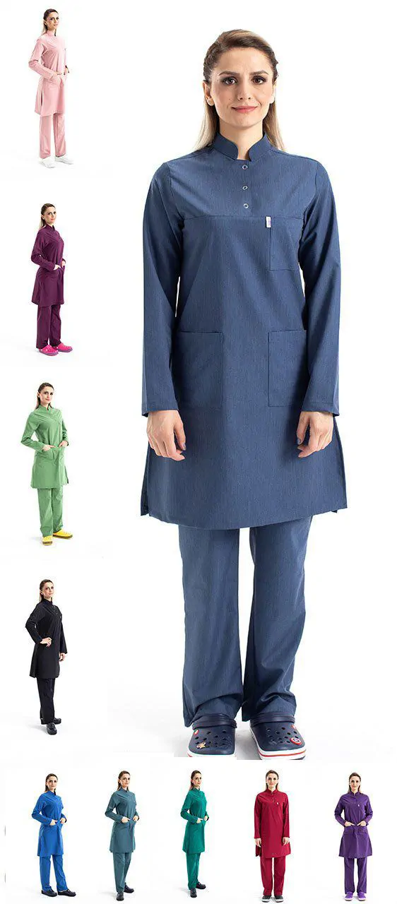 Hijab Nurse Uniform, Mandarin Collar, Terry Cotton Set Tst03
